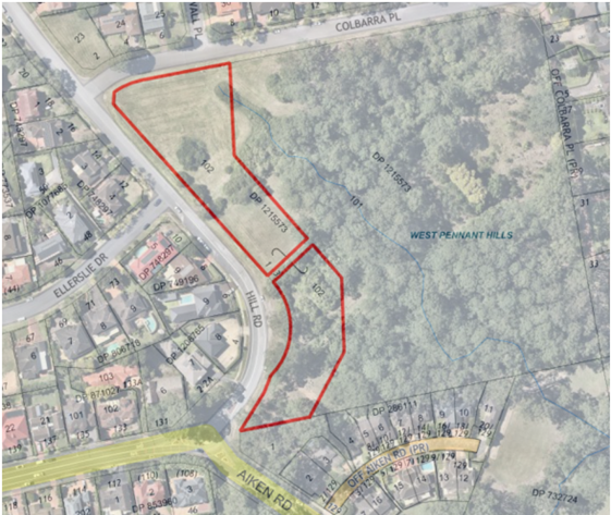 Aerial photograph outlining the site at 1-3 Hill Road, West Pennant Hills.