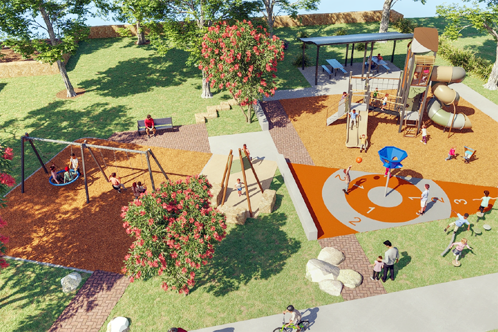 Illustration of playground equipment including swings, climbing frames and slides