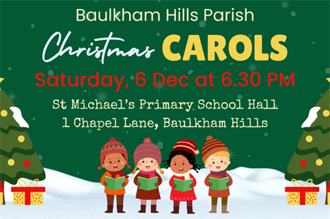 Parish of Baulkham Hills Christmas Carols event tile. Four little cartoon children in christmas attire singing carols.