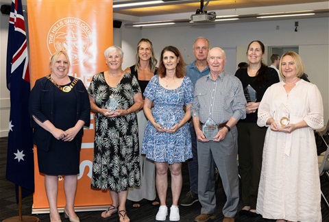 Left to Right: Mayor Dr. Michelle Byrne, Hills Musical Theatre Company, Tara Gleig, Bears of Hope, Patrick Shirvington, Alan Grady, Katherine Kirk, Megan Sutton's mother 